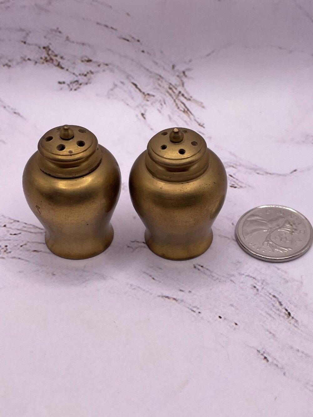 Vintage Mini Brass Salt and Pepper Shakers Set Urn Shape Screw Top 1.75"